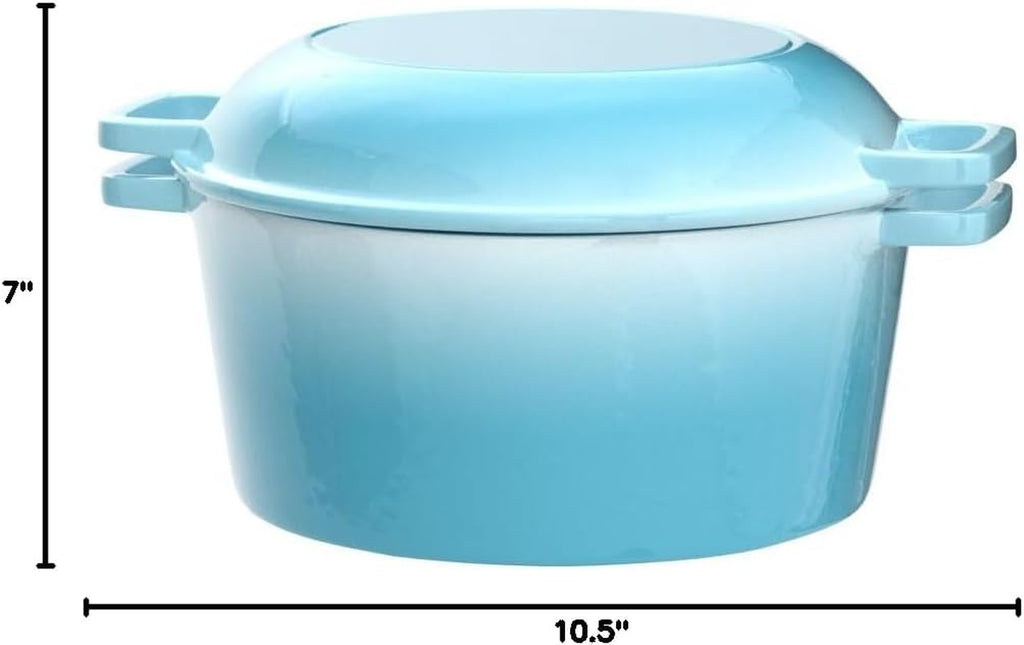 2-In-1 Enamel Cast Iron Dutch Oven with Handles - Crock Pot Sky Blue Cast Iron Pot with Skillet Lid - All-In-One Cookware Braising Pan for Casserole Dish - 5 Quart, Sky Blue