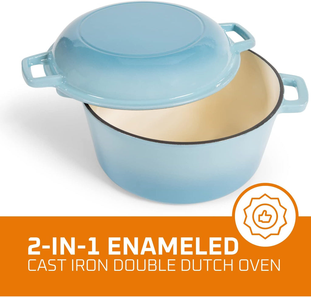 2-In-1 Enamel Cast Iron Dutch Oven with Handles - Crock Pot Sky Blue Cast Iron Pot with Skillet Lid - All-In-One Cookware Braising Pan for Casserole Dish - 5 Quart, Sky Blue