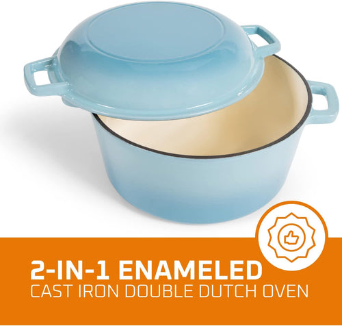 2-In-1 Enamel Cast Iron Dutch Oven with Handles - Crock Pot Sky Blue Cast Iron Pot with Skillet Lid - All-In-One Cookware Braising Pan for Casserole Dish - 5 Quart, Sky Blue