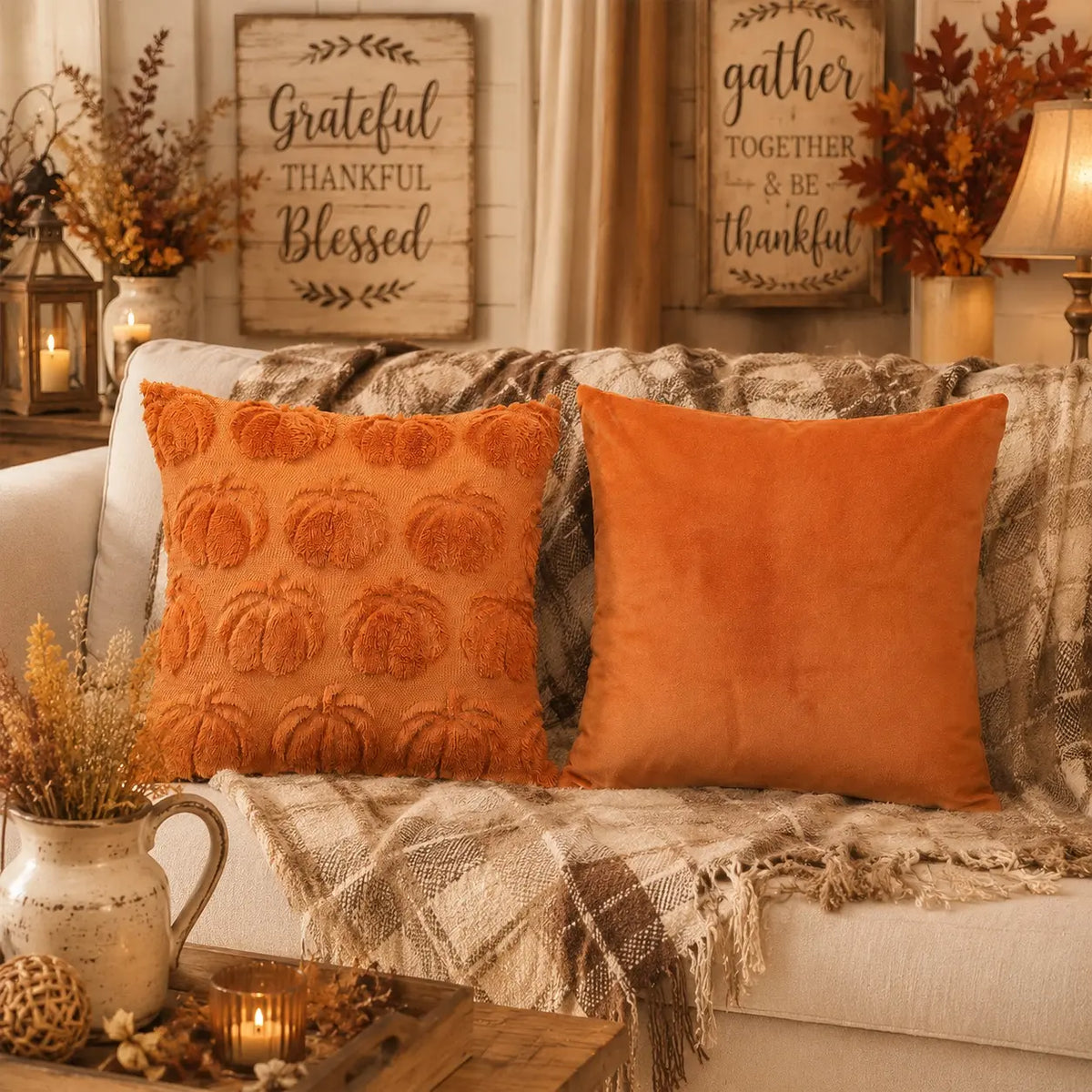 18X18 Inch Set of 2 Farmhouse Fall Throw Pillow Covers, Soft Faux Fur Plush Fluffy Accent Cushion Cases, Orange Pumpkin/White Ghost Decorative Pillows for Halloween, Thanksgiving & Autumn Harvest Home Couch Sofa Decor,Sohochic