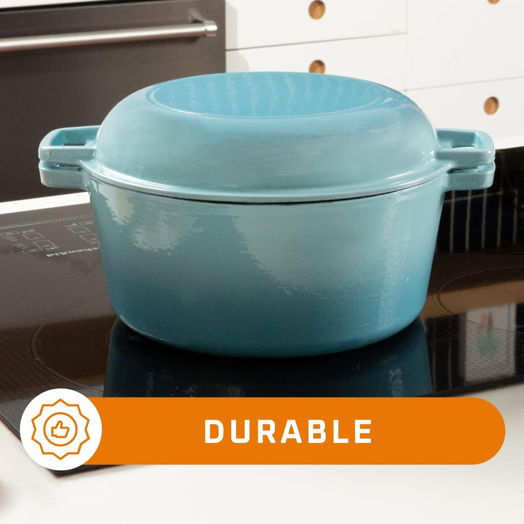 2-In-1 Enamel Cast Iron Dutch Oven with Handles - Crock Pot Sky Blue Cast Iron Pot with Skillet Lid - All-In-One Cookware Braising Pan for Casserole Dish - 5 Quart, Sky Blue