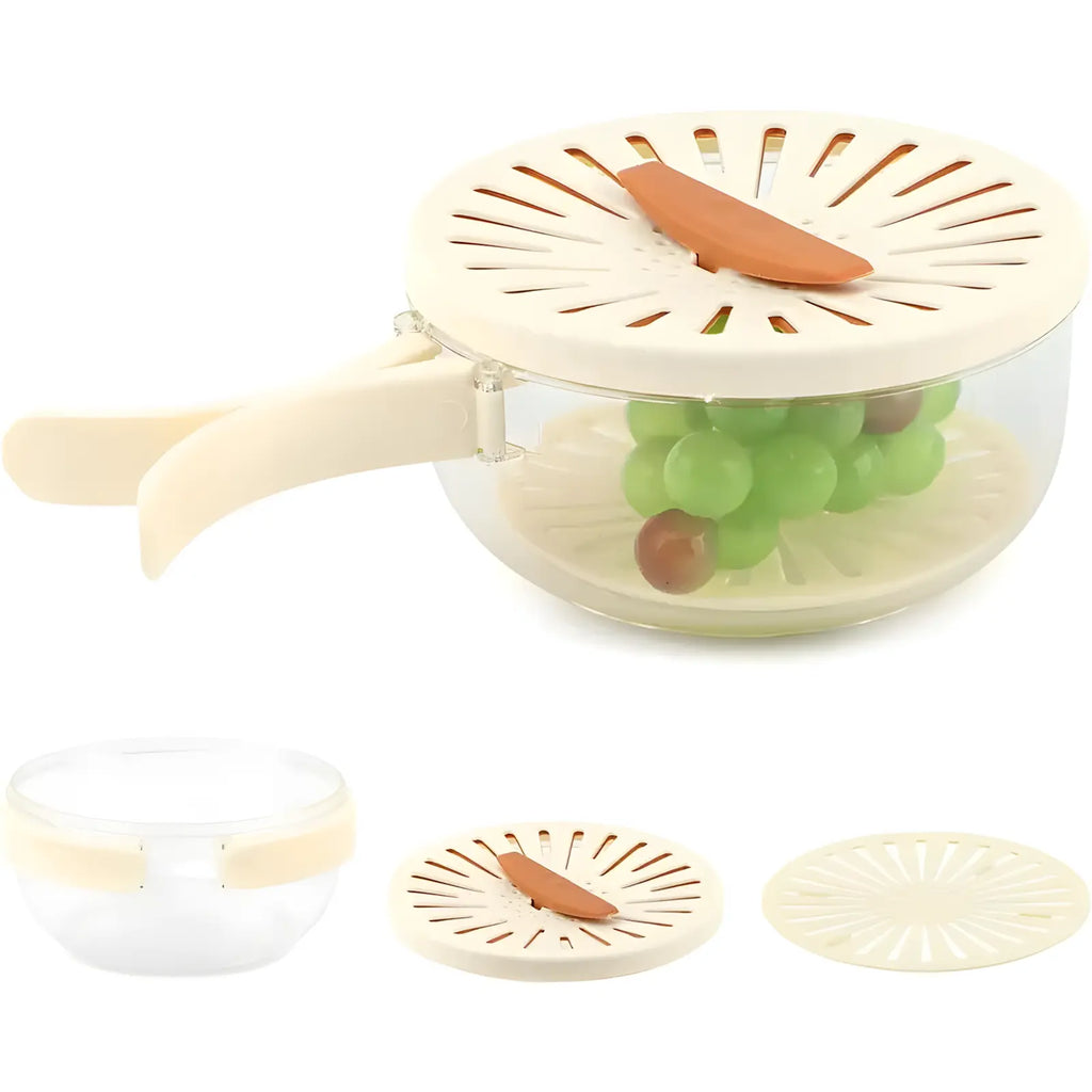 2-In-1 Multifunctional Fruit Strainer Container with Lid - Foldable Handle, Washing Berries Bowl, Fridge Storage, Dishwasher Safe Slicer, Durable Vegetable Slicer, Brown Kitchen Utensil (1Pcs)