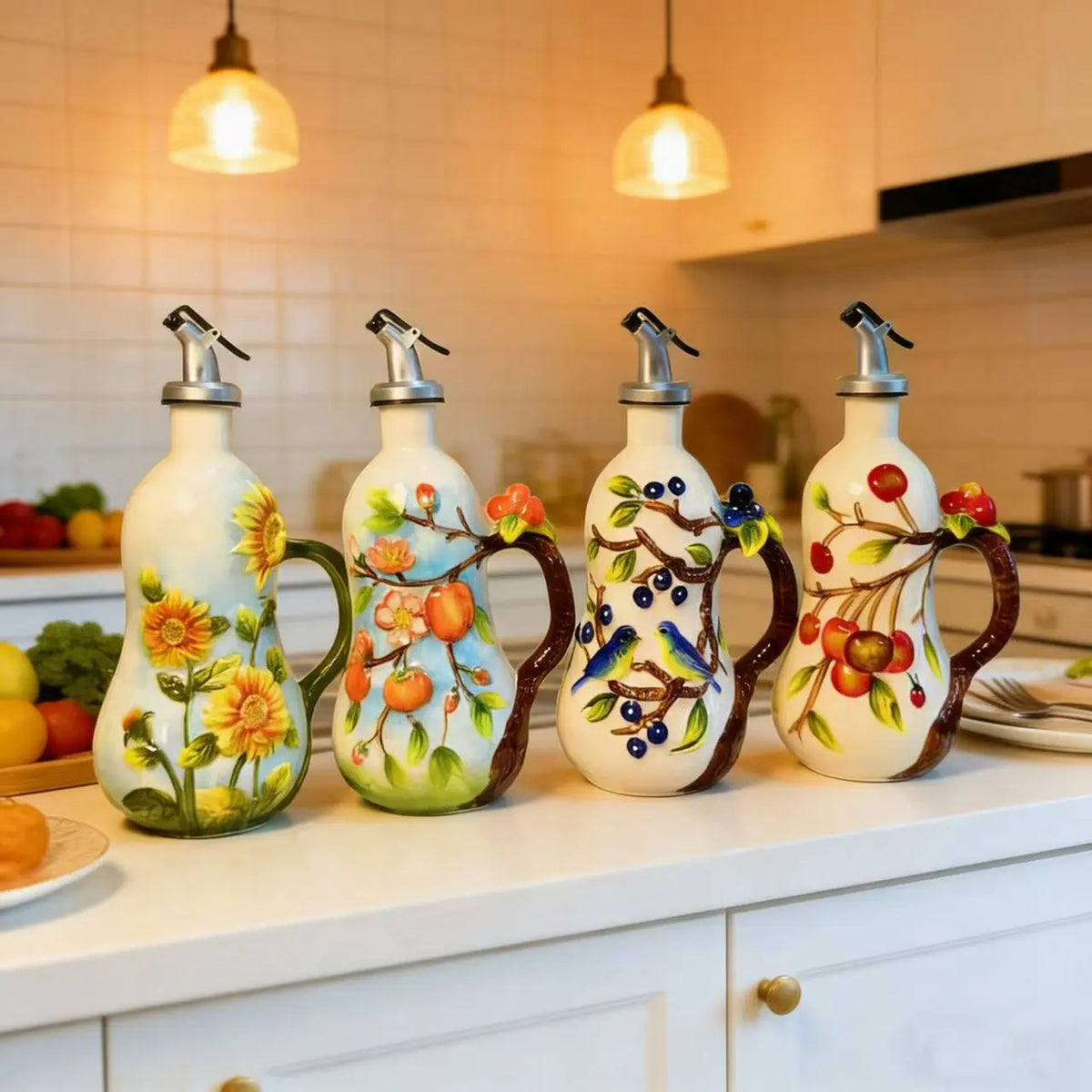 Hand-Painted Fruit Ceramic Oil Dispenser, under Glaze Olive Oil Bottle, Multi-Purpose Soy Sauce Drizzling Bottle for Cooking, Salad Dressing & Seasoning, Decorative Kitchen Ornament, Perfect Holiday Gift