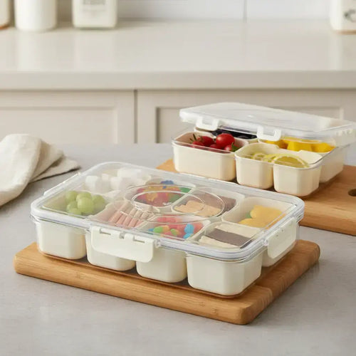 1 Pack (4/8 Compartments)Snackle Box Charcuterie Container Divided Serving Tray with Lid and Handle Portable Snack Platters for Fruit Nuts Candy Entertaining Party Picnic