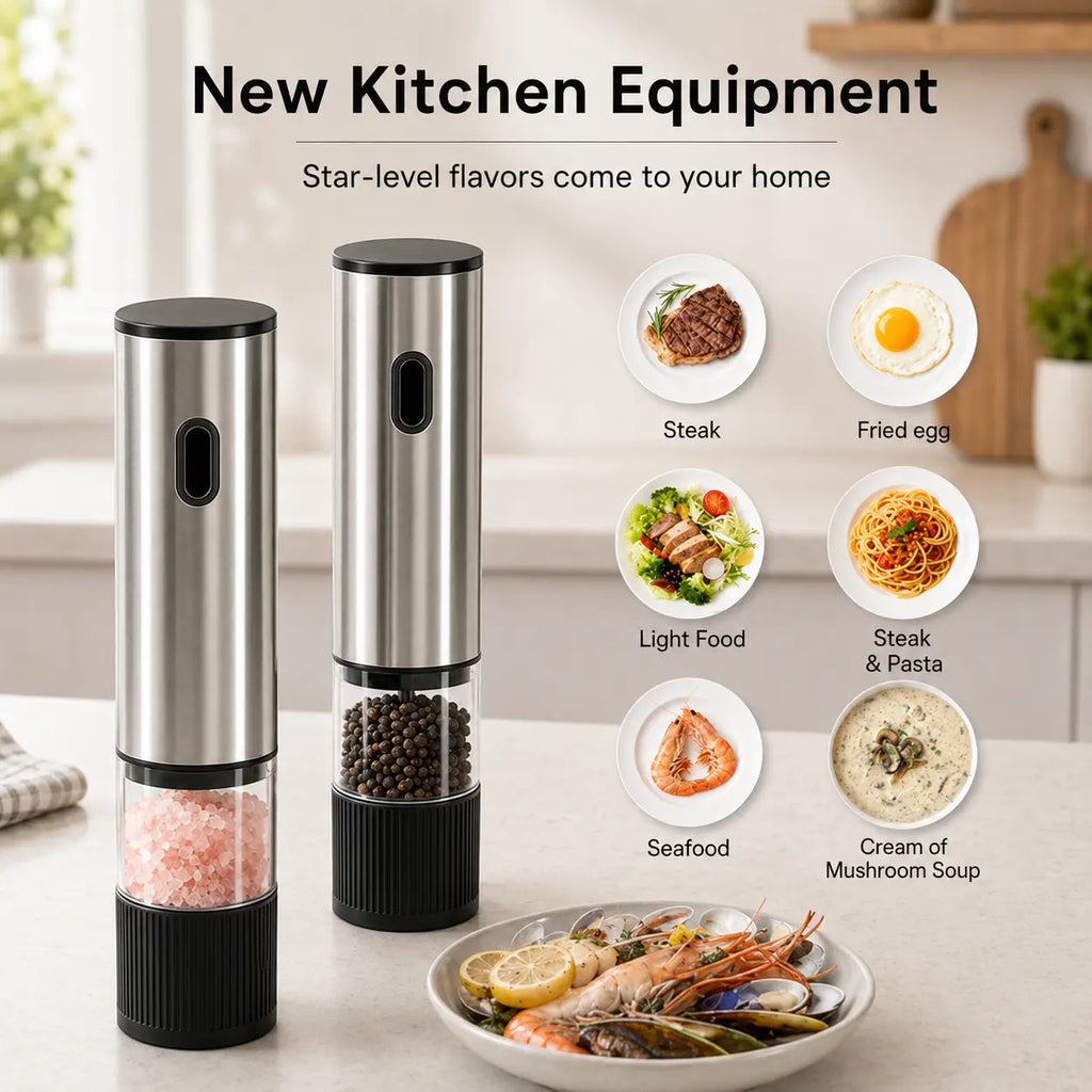 2-Pack Modern Durable Metal Electric Salt and Pepper Grinder Set - USB-C Rechargeable Portable Kitchen Gadgets with Storage Base, Adjustable Coarseness Seasoning Utensils for Home, Cooking, Dining Table