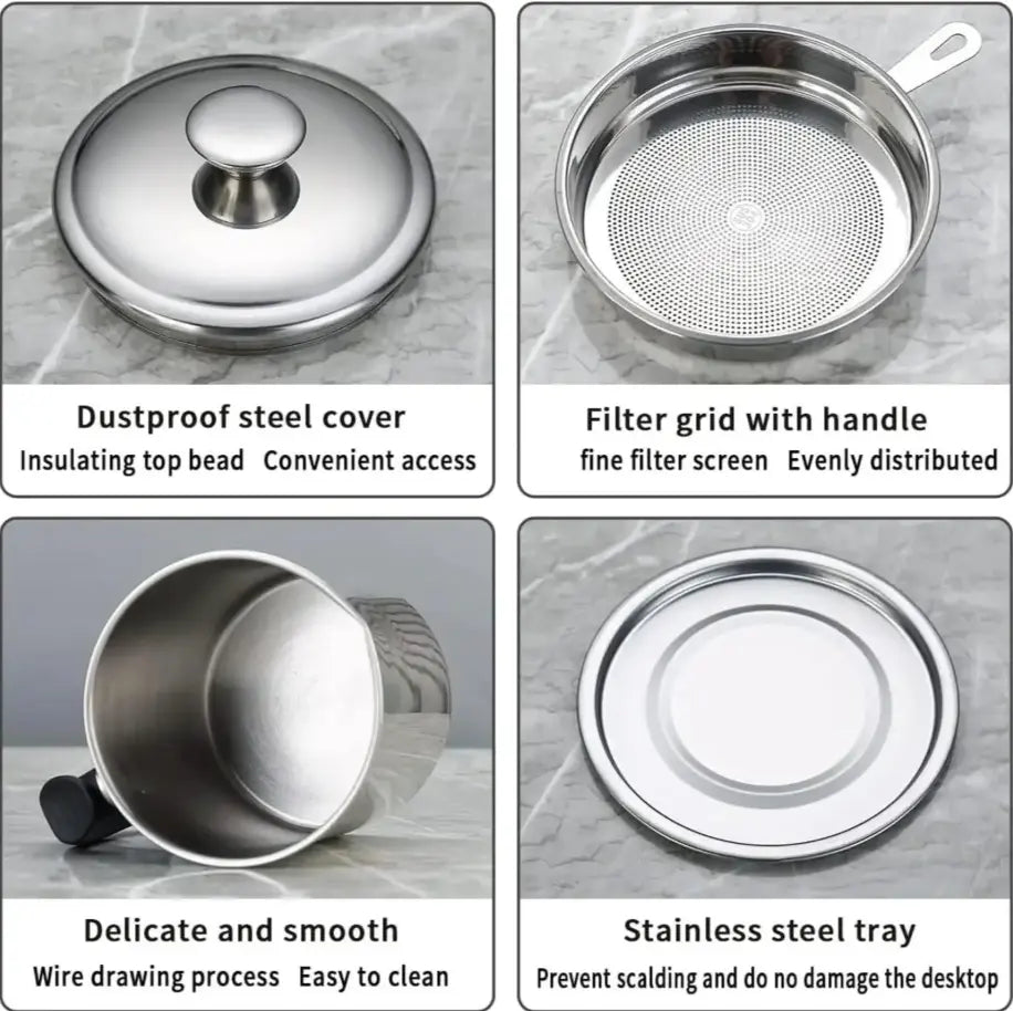 Stainless Steel Oil Pot with Tray and Lid, Kitchen Oil Dispenser and Bacon Grease Container, Cooking Oil Container, Olive Oil Dispenser, Kitchen Gadget, Oil Drip Drainer