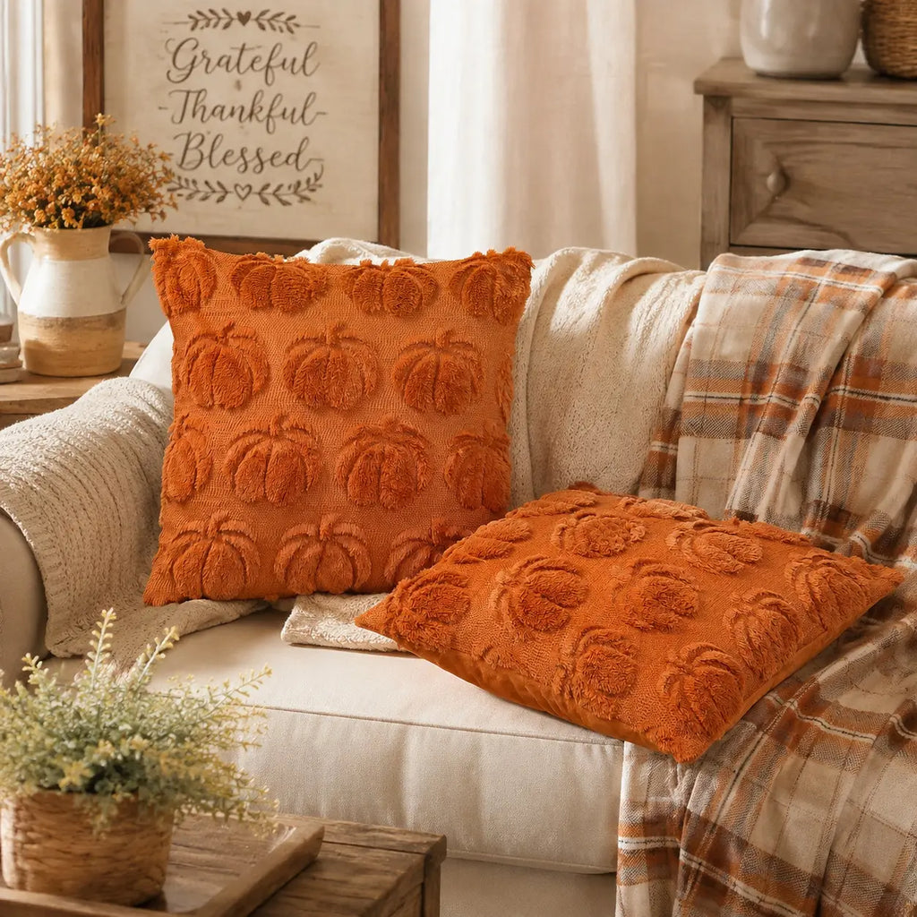 18X18 Inch Set of 2 Farmhouse Fall Throw Pillow Covers, Soft Faux Fur Plush Fluffy Accent Cushion Cases, Orange Pumpkin/White Ghost Decorative Pillows for Halloween, Thanksgiving & Autumn Harvest Home Couch Sofa Decor,Sohochic