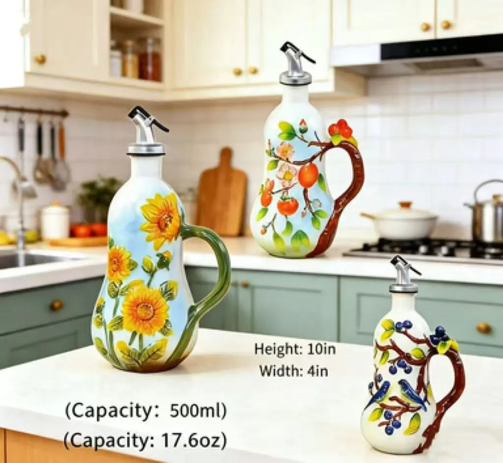 Hand-Painted Fruit Ceramic Oil Dispenser, under Glaze Olive Oil Bottle, Multi-Purpose Soy Sauce Drizzling Bottle for Cooking, Salad Dressing & Seasoning, Decorative Kitchen Ornament, Perfect Holiday Gift