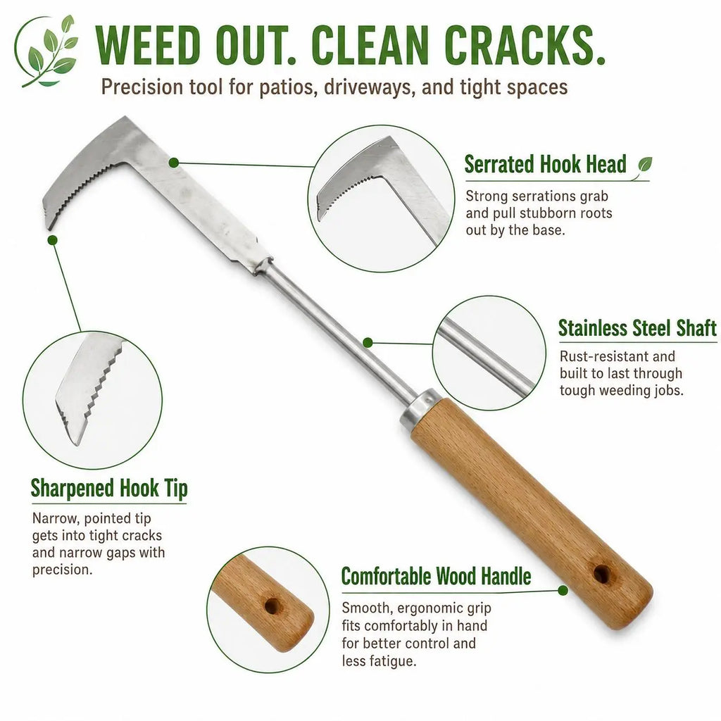 Serrated Crack Weeding Hook, Extended Reach Gap Cleaner to Remove Weeds without Bending Down