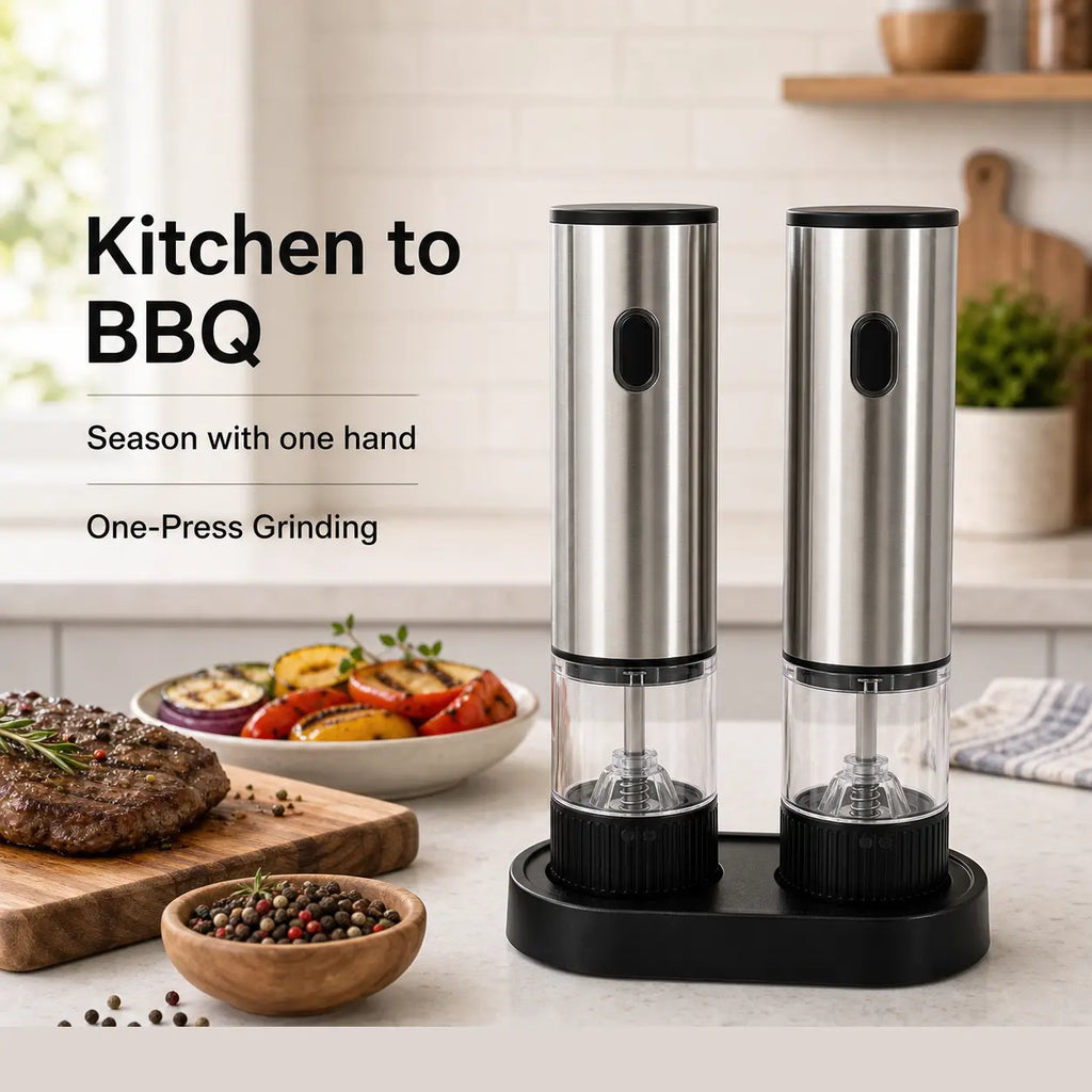 2-Pack Modern Durable Metal Electric Salt and Pepper Grinder Set - USB-C Rechargeable Portable Kitchen Gadgets with Storage Base, Adjustable Coarseness Seasoning Utensils for Home, Cooking, Dining Table
