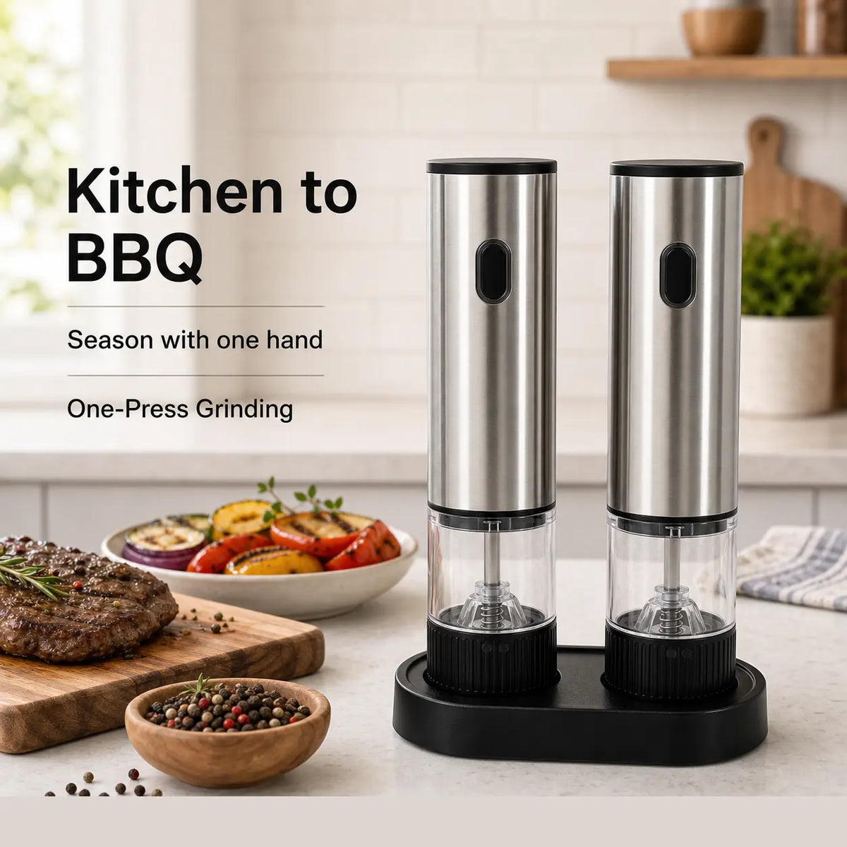 2-Pack Modern Durable Metal Electric Salt and Pepper Grinder Set - USB-C Rechargeable Portable Kitchen Gadgets with Storage Base, Adjustable Coarseness Seasoning Utensils for Home, Cooking, Dining Table