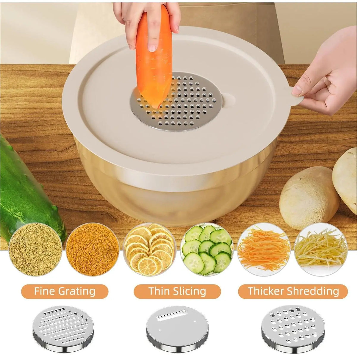 26PCS round Stainless Steel Stackable Mixing Bowls Set with Airtight Lids, Khaki Tableware, Grater Attachments, Utensils & Kitchen Supplies - Mirror Finish (1.5QT, 2.0QT, 2.5QT, 4QT, 7QT Sizes) for Grate & Mix Fast