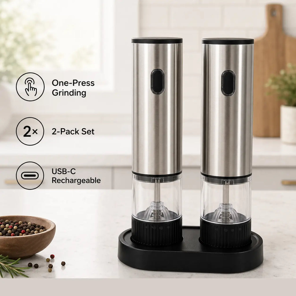 2-Pack Modern Durable Metal Electric Salt and Pepper Grinder Set - USB-C Rechargeable Portable Kitchen Gadgets with Storage Base, Adjustable Coarseness Seasoning Utensils for Home, Cooking, Dining Table