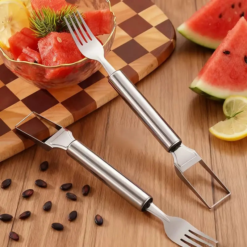 2-In-1 Watermelon Fork Slicer Cutter Stainless Steel Summer Watermelon Cutter for Kitchen Gadget Camping Home Party