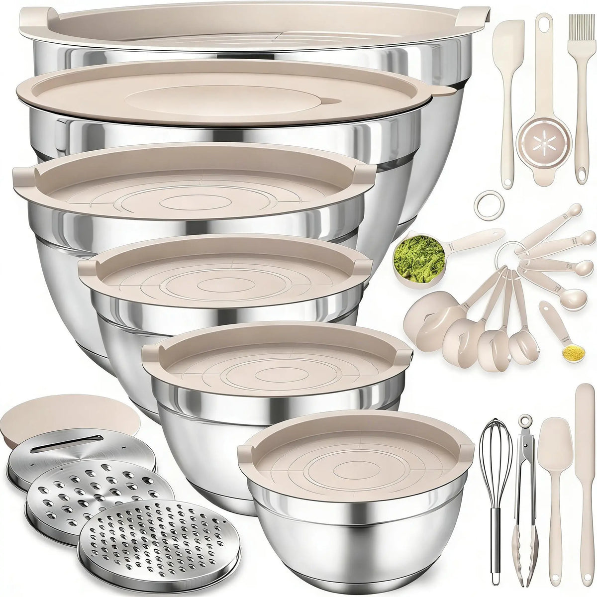 26PCS round Stainless Steel Stackable Mixing Bowls Set with Airtight Lids, Khaki Tableware, Grater Attachments, Utensils & Kitchen Supplies - Mirror Finish (1.5QT, 2.0QT, 2.5QT, 4QT, 7QT Sizes) for Grate & Mix Fast