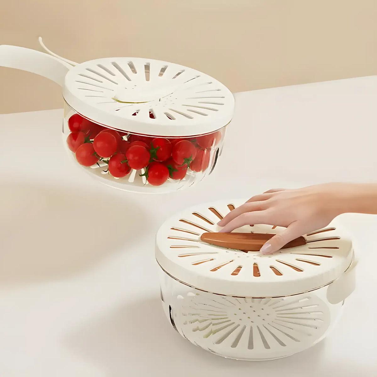 2-In-1 Multifunctional Fruit Strainer Container with Lid - Foldable Handle, Washing Berries Bowl, Fridge Storage, Dishwasher Safe Slicer, Durable Vegetable Slicer, Brown Kitchen Utensil (1Pcs)