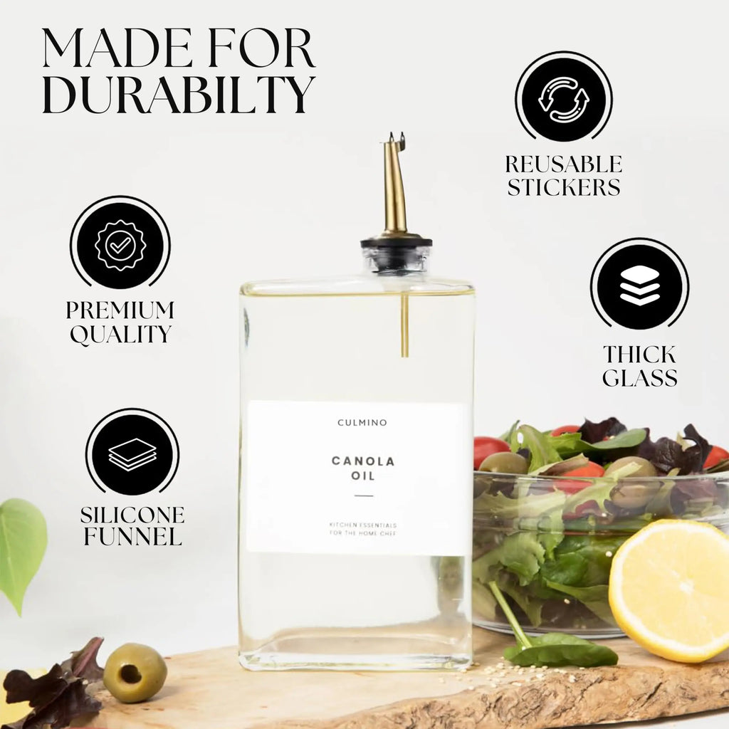 Culmino 2 Pcs Olive Oil Dispenser Bottle 350Ml | Premium Glass Cooking Oil & Vinegar Dispenser with 2 Gold Pourers Funnel Brush & 36 Labels