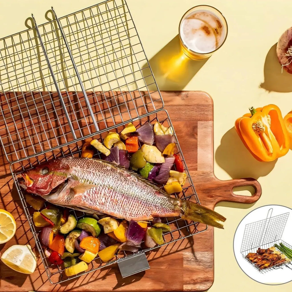 Summerwins Rectangular Carbon Steel Outdoor BBQ Grill Net - Single Roomier Sheet Grid Rack with Handle, Thick Durable Outdoor Cooking Barbecue Utensils for Home & Festive Supplies