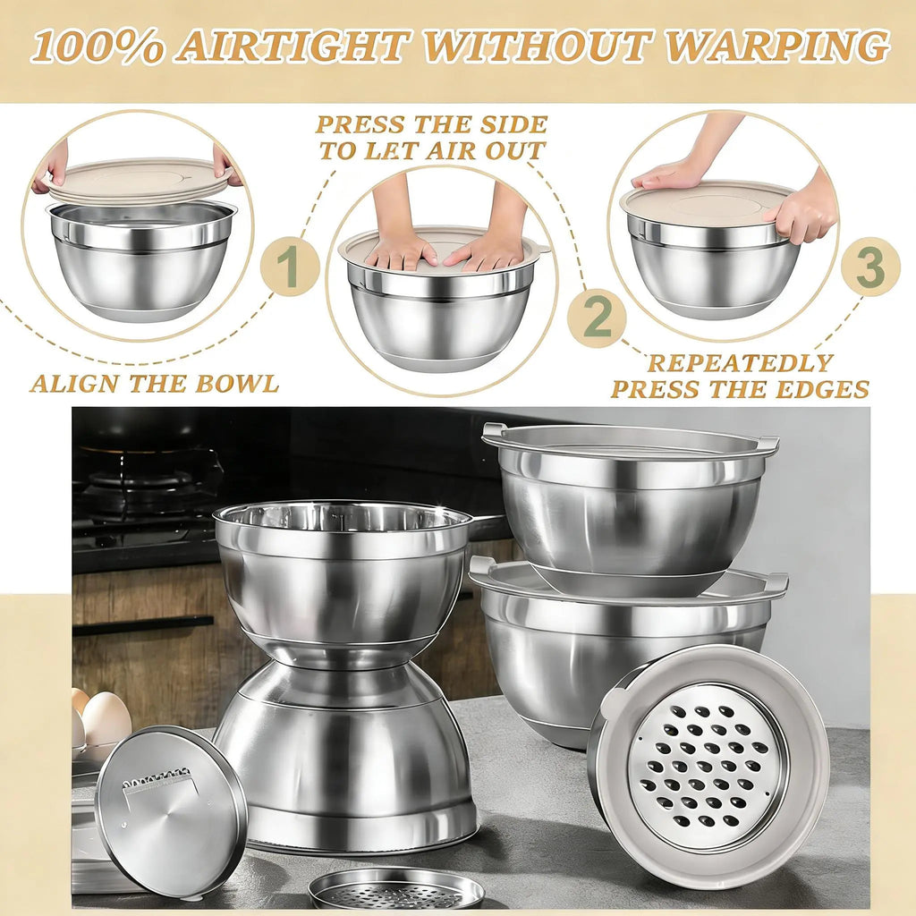 26PCS round Stainless Steel Stackable Mixing Bowls Set with Airtight Lids, Khaki Tableware, Grater Attachments, Utensils & Kitchen Supplies - Mirror Finish (1.5QT, 2.0QT, 2.5QT, 4QT, 7QT Sizes) for Grate & Mix Fast