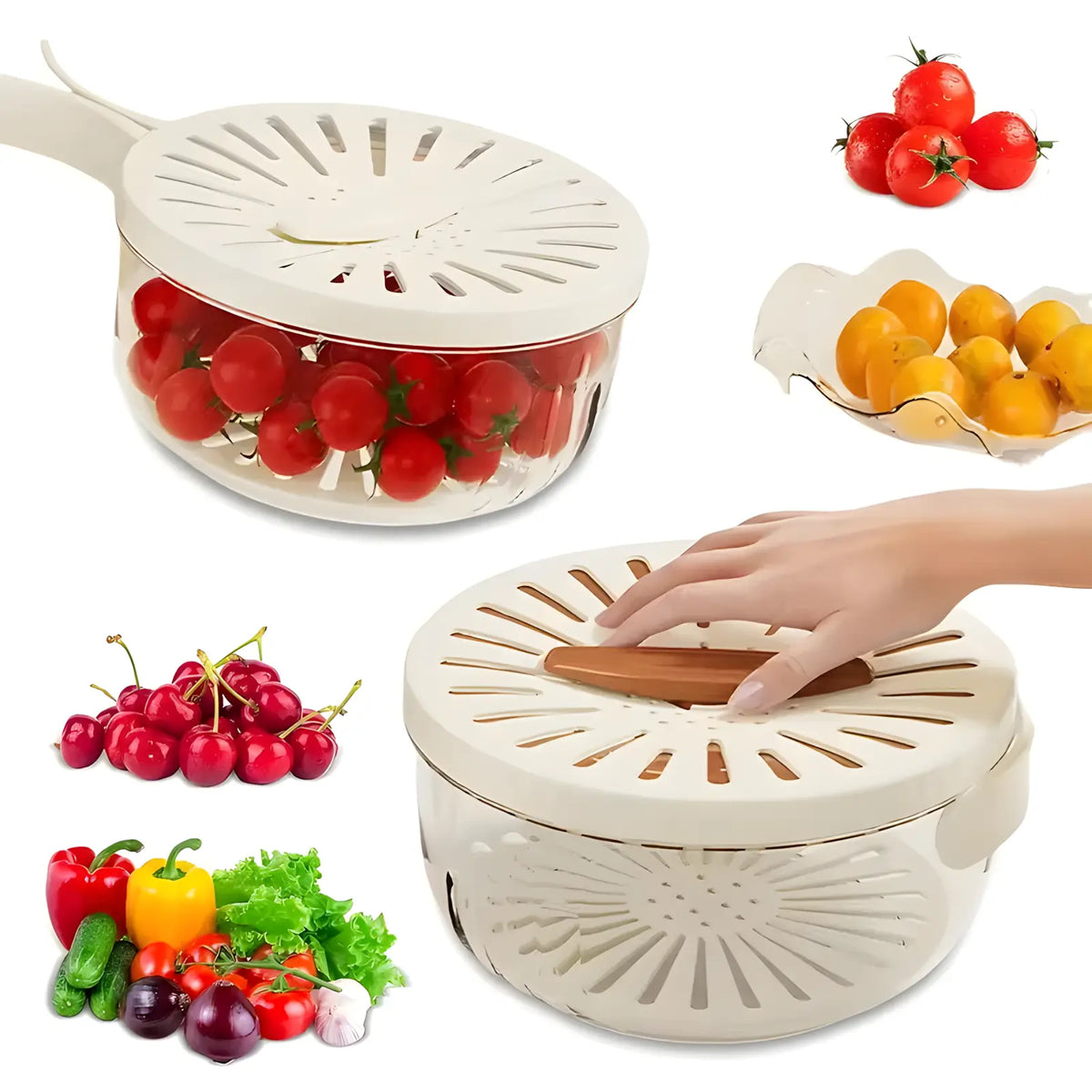 2-In-1 Multifunctional Fruit Strainer Container with Lid - Foldable Handle, Washing Berries Bowl, Fridge Storage, Dishwasher Safe Slicer, Durable Vegetable Slicer, Brown Kitchen Utensil (1Pcs)