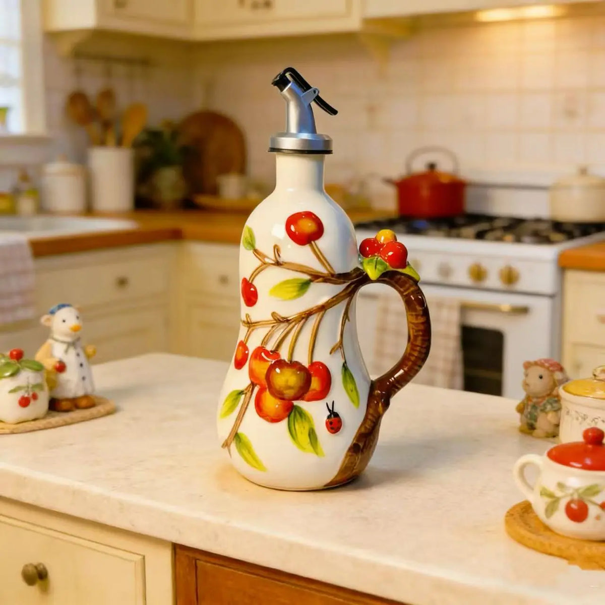 Hand-Painted Fruit Ceramic Oil Dispenser, under Glaze Olive Oil Bottle, Multi-Purpose Soy Sauce Drizzling Bottle for Cooking, Salad Dressing & Seasoning, Decorative Kitchen Ornament, Perfect Holiday Gift
