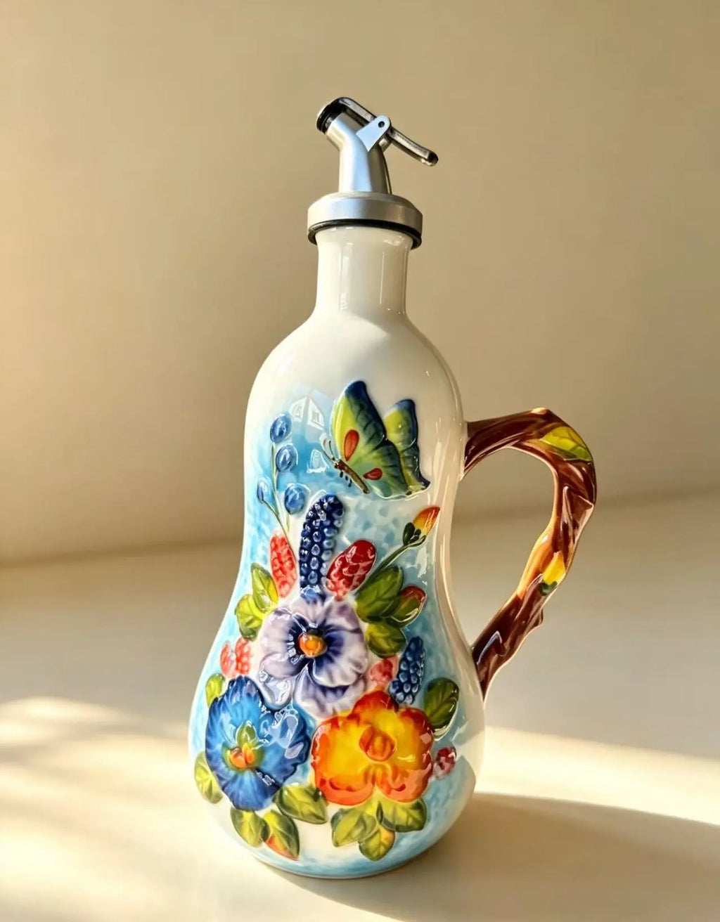 Hand-Painted Fruit Ceramic Oil Dispenser, under Glaze Olive Oil Bottle, Multi-Purpose Soy Sauce Drizzling Bottle for Cooking, Salad Dressing & Seasoning, Decorative Kitchen Ornament, Perfect Holiday Gift