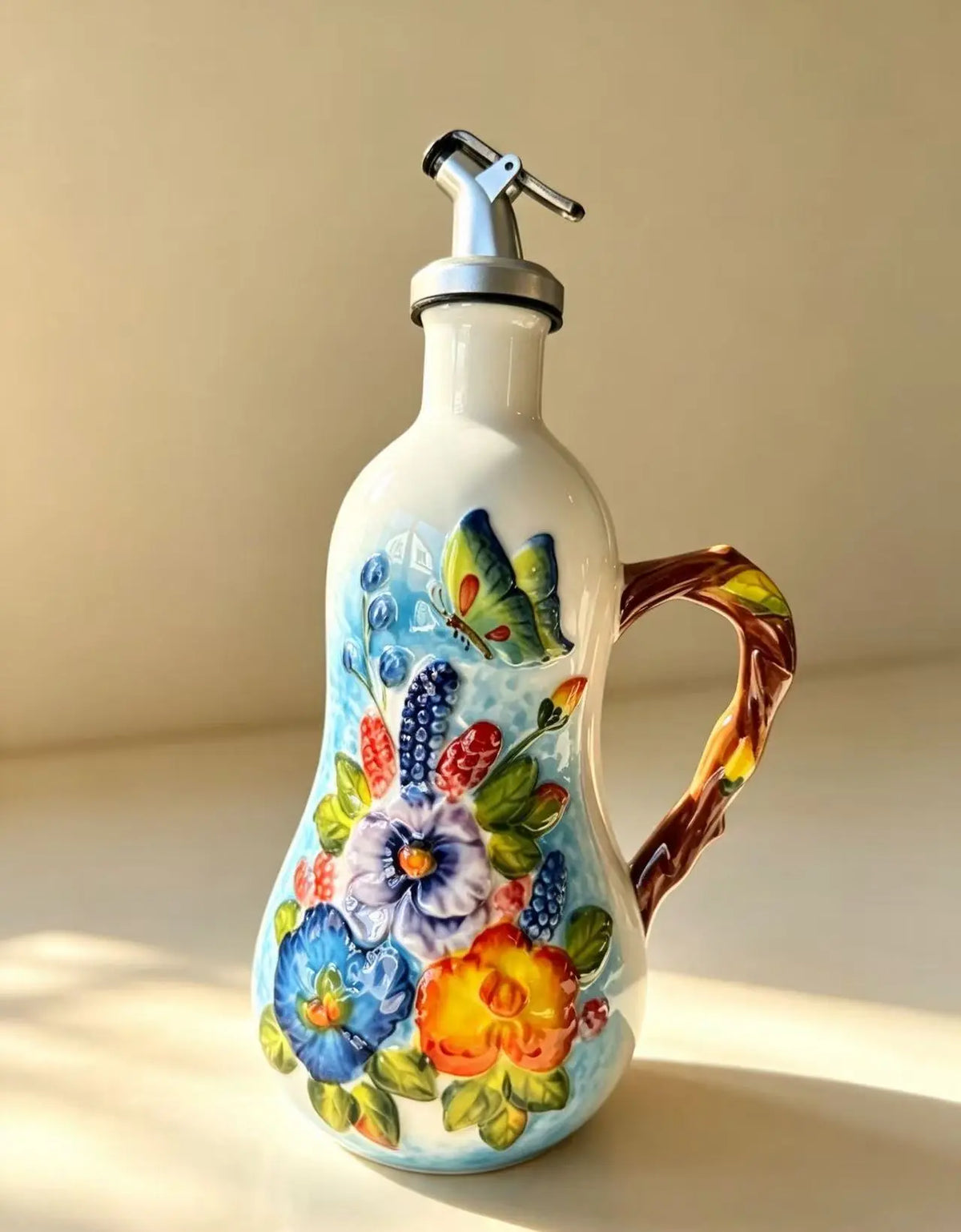 Hand-Painted Fruit Ceramic Oil Dispenser, under Glaze Olive Oil Bottle, Multi-Purpose Soy Sauce Drizzling Bottle for Cooking, Salad Dressing & Seasoning, Decorative Kitchen Ornament, Perfect Holiday Gift