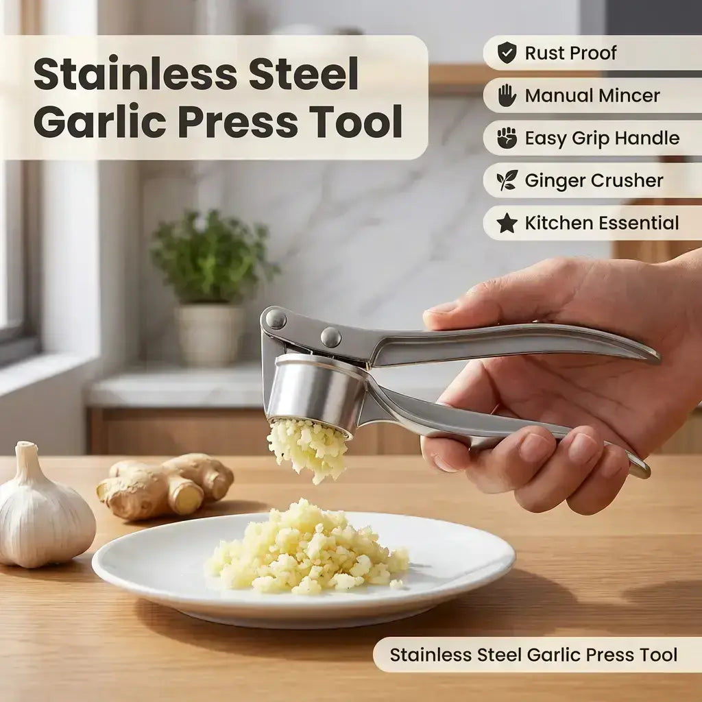 Sturdy 5-In-1 Stainless Steel Garlic Press Multi-Tool - Durable Kitchen Cooking Utensils for Adults, Home Cooking Supplies with Mincer, Crusher, Bottle Opener, Pit Remover, Easy to Clean Kitchenware