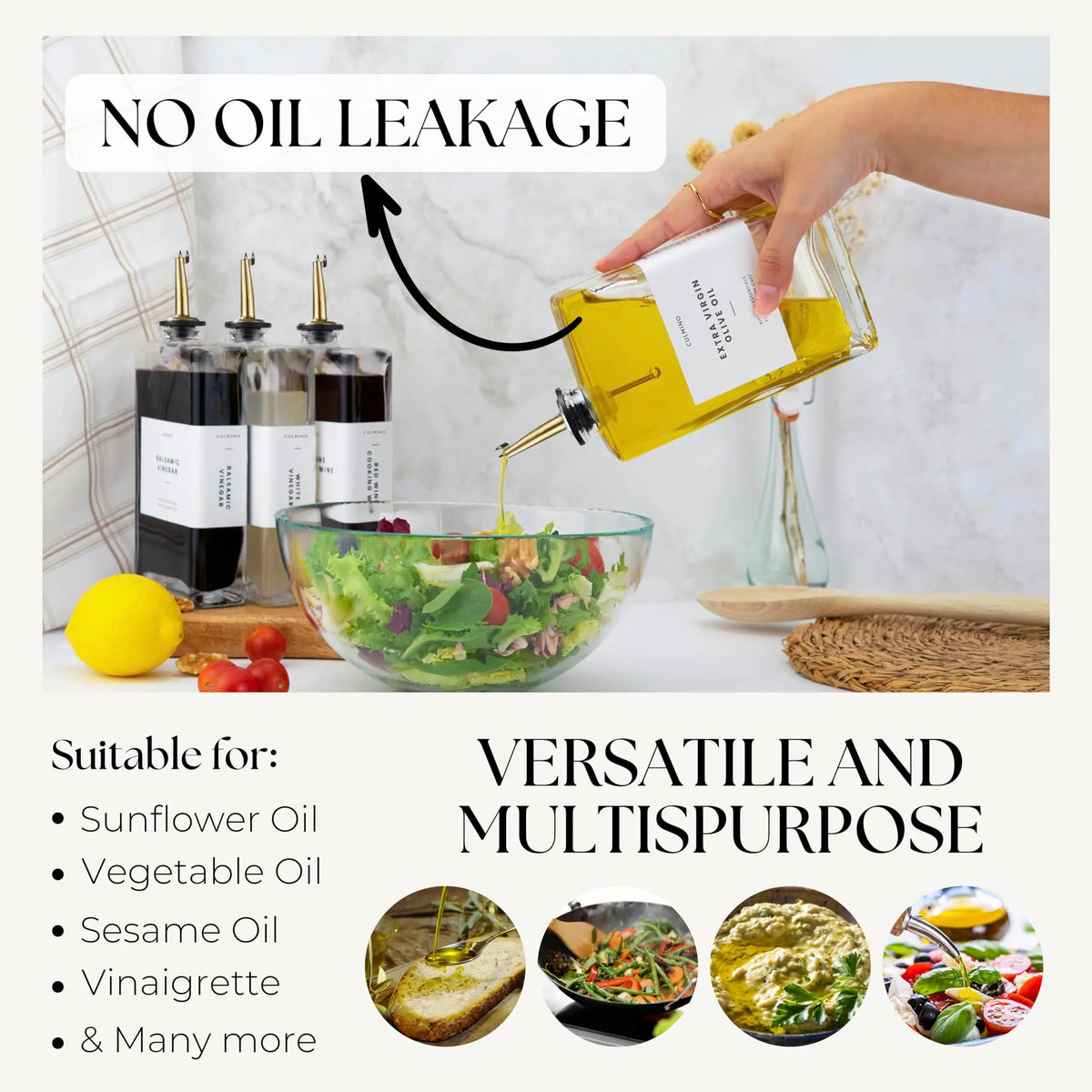 Culmino 2 Pcs Olive Oil Dispenser Bottle 350Ml | Premium Glass Cooking Oil & Vinegar Dispenser with 2 Gold Pourers Funnel Brush & 36 Labels