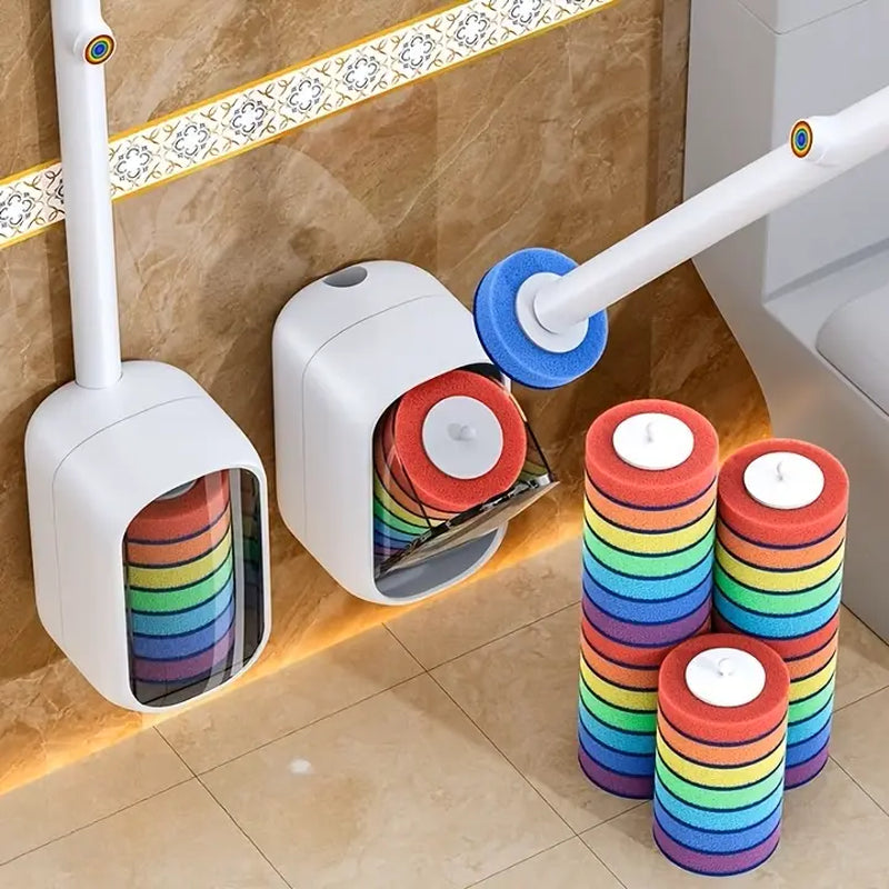 Joybos Rainbow Disposable Toilet Scrubber Set, Wall-Mount Plastic Bathroom Wand with Upgraded Colorful Reusable Sponge Refills, Cleaning Agent & Foam Action Bowl System,Sohochic