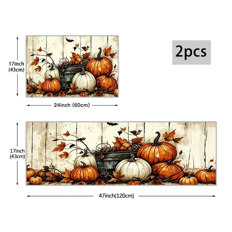 2Pcs Autumn Pumpkin Harvest Thanksgiving Mat Set, Farmhouse Kitchen Rug, Dining Room Floor Decor, Laundry Room Carpet Pad