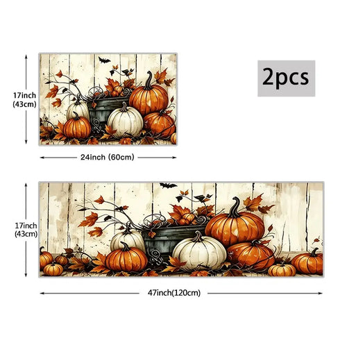 2Pcs Autumn Pumpkin Harvest Thanksgiving Mat Set, Farmhouse Kitchen Rug, Dining Room Floor Decor, Laundry Room Carpet Pad
