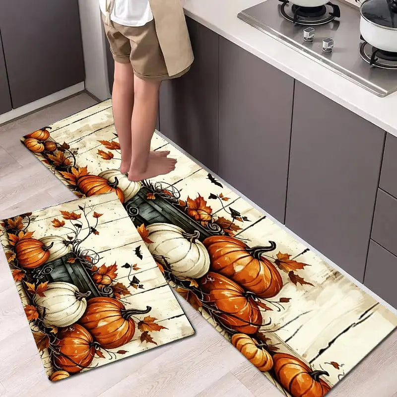 2Pcs Autumn Pumpkin Harvest Thanksgiving Mat Set, Farmhouse Kitchen Rug, Dining Room Floor Decor, Laundry Room Carpet Pad