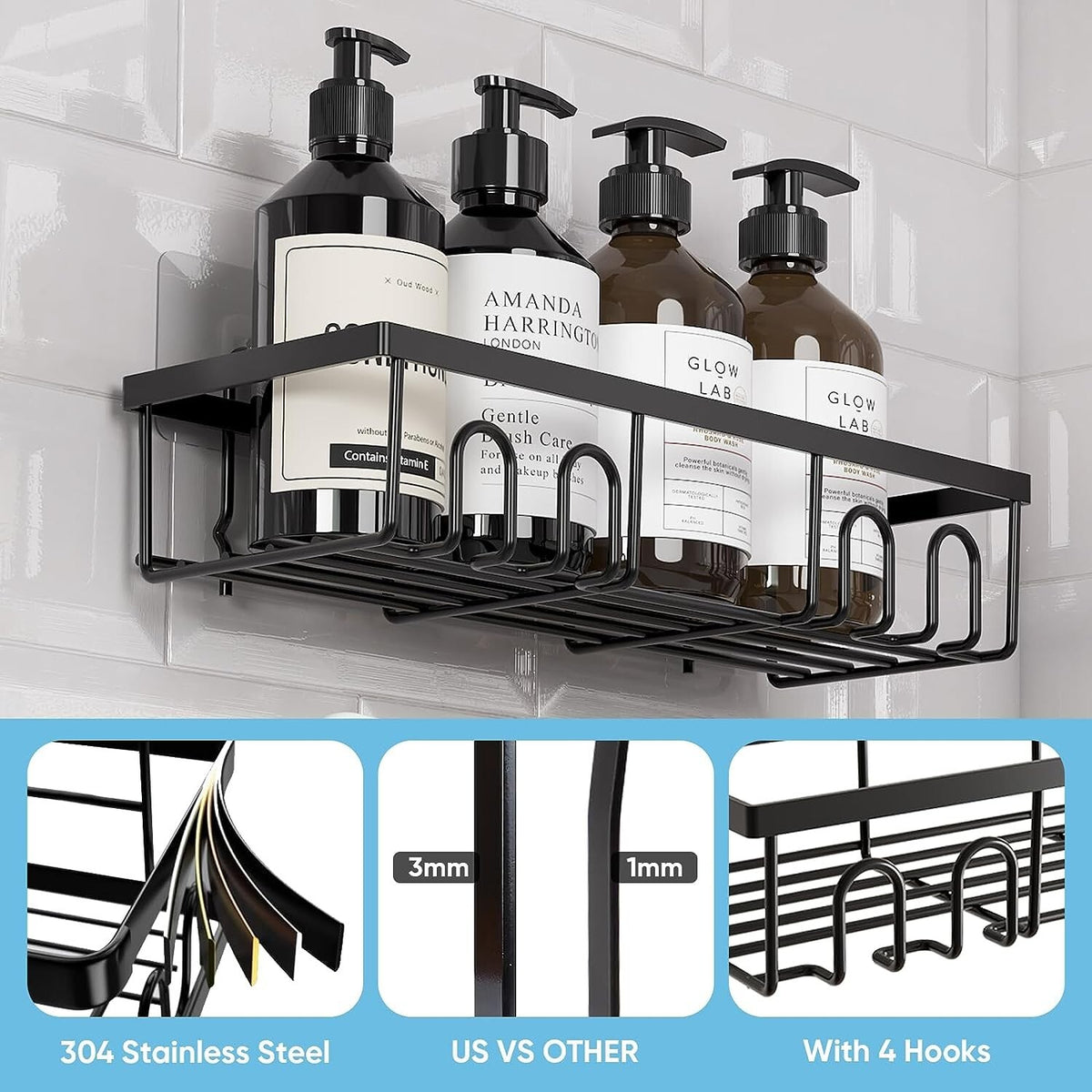 5 Pack Shower Caddy Adhesive Shower Organizer for Bathroom Storage & Kitchen