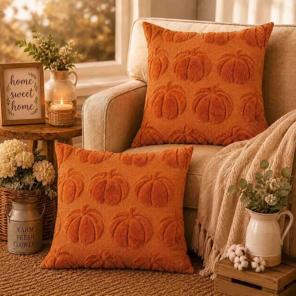 18X18 Inch Set of 2 Farmhouse Fall Throw Pillow Covers, Soft Faux Fur Plush Fluffy Accent Cushion Cases, Orange Pumpkin/White Ghost Decorative Pillows for Halloween, Thanksgiving & Autumn Harvest Home Couch Sofa Decor,Sohochic