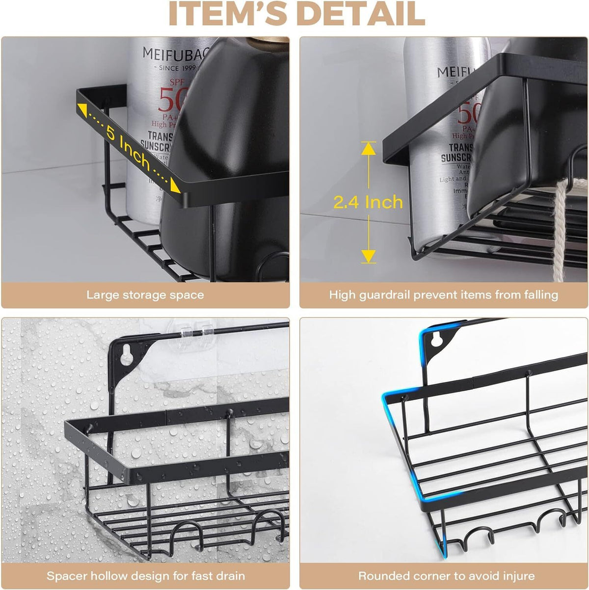 5 Pack Shower Caddy Adhesive Shower Organizer for Bathroom Storage & Kitchen
