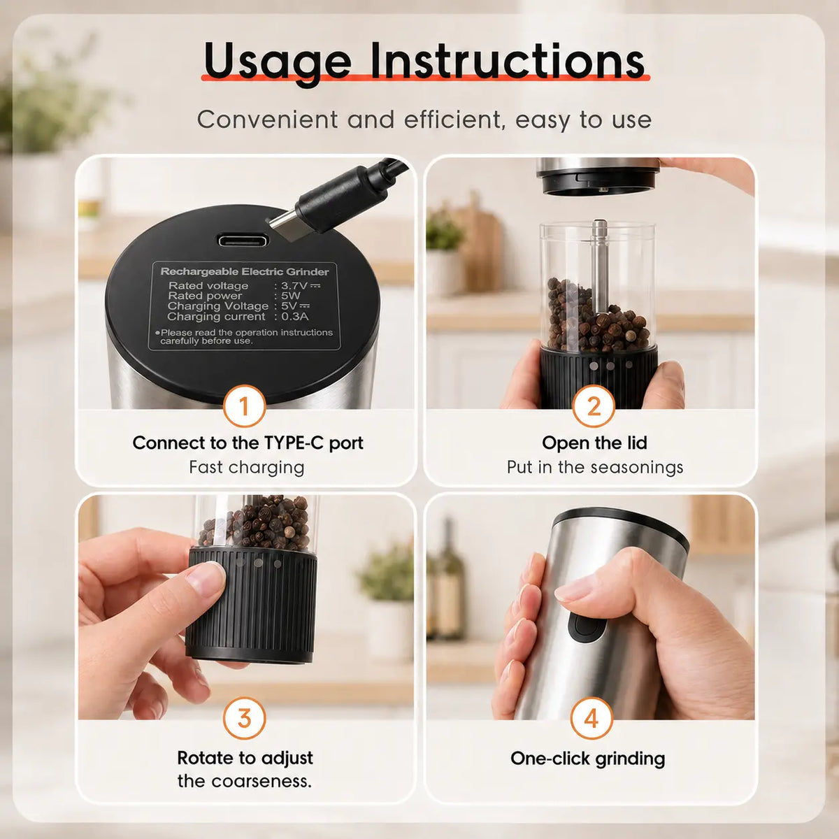 2-Pack Modern Durable Metal Electric Salt and Pepper Grinder Set - USB-C Rechargeable Portable Kitchen Gadgets with Storage Base, Adjustable Coarseness Seasoning Utensils for Home, Cooking, Dining Table