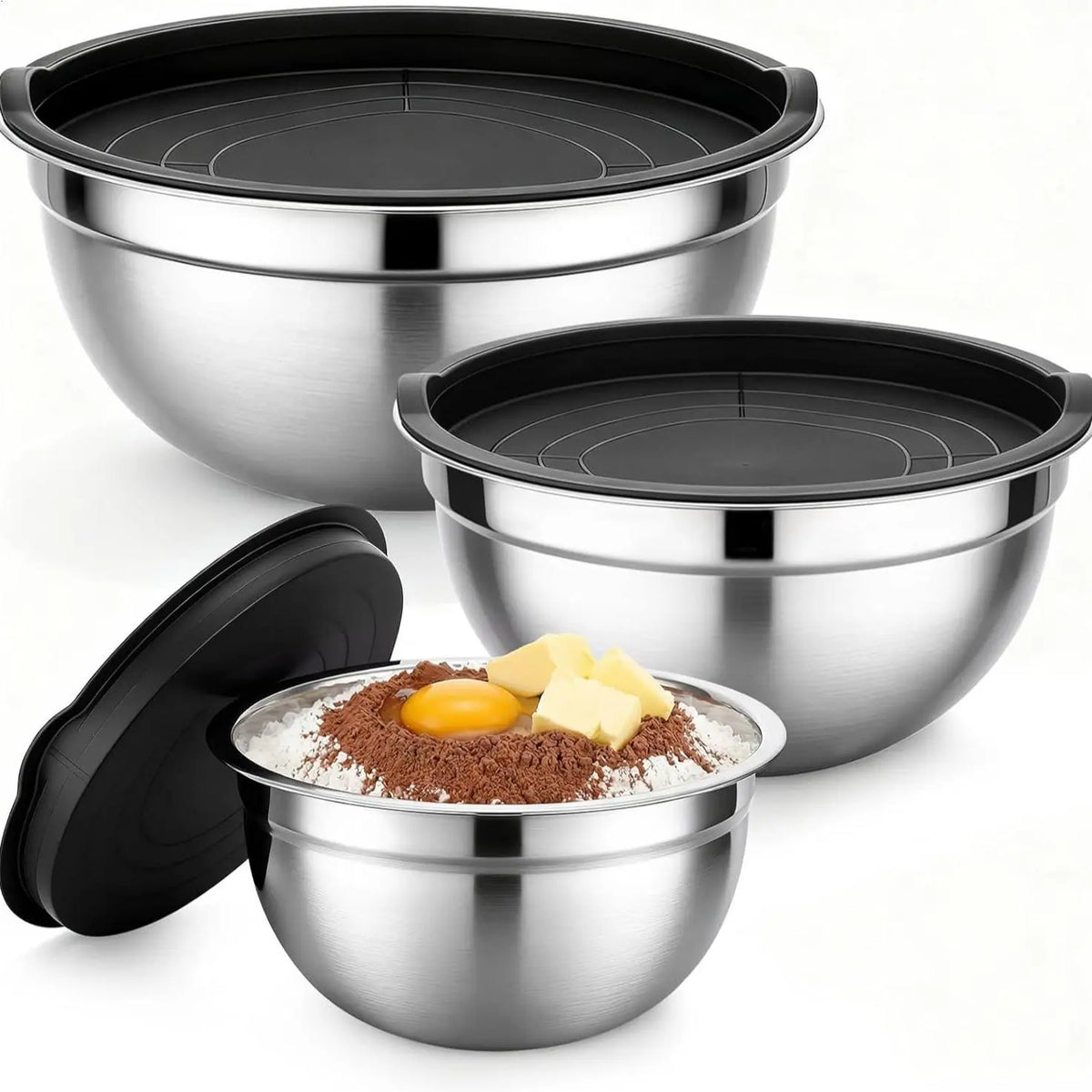 26PCS round Stainless Steel Stackable Mixing Bowls Set with Airtight Lids, Khaki Tableware, Grater Attachments, Utensils & Kitchen Supplies - Mirror Finish (1.5QT, 2.0QT, 2.5QT, 4QT, 7QT Sizes) for Grate & Mix Fast