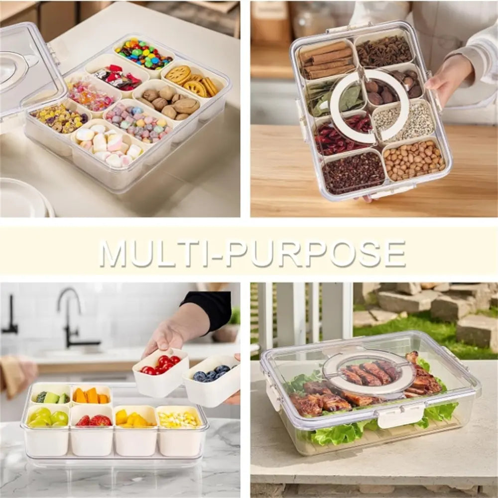 1 Pack (4/8 Compartments)Snackle Box Charcuterie Container Divided Serving Tray with Lid and Handle Portable Snack Platters for Fruit Nuts Candy Entertaining Party Picnic