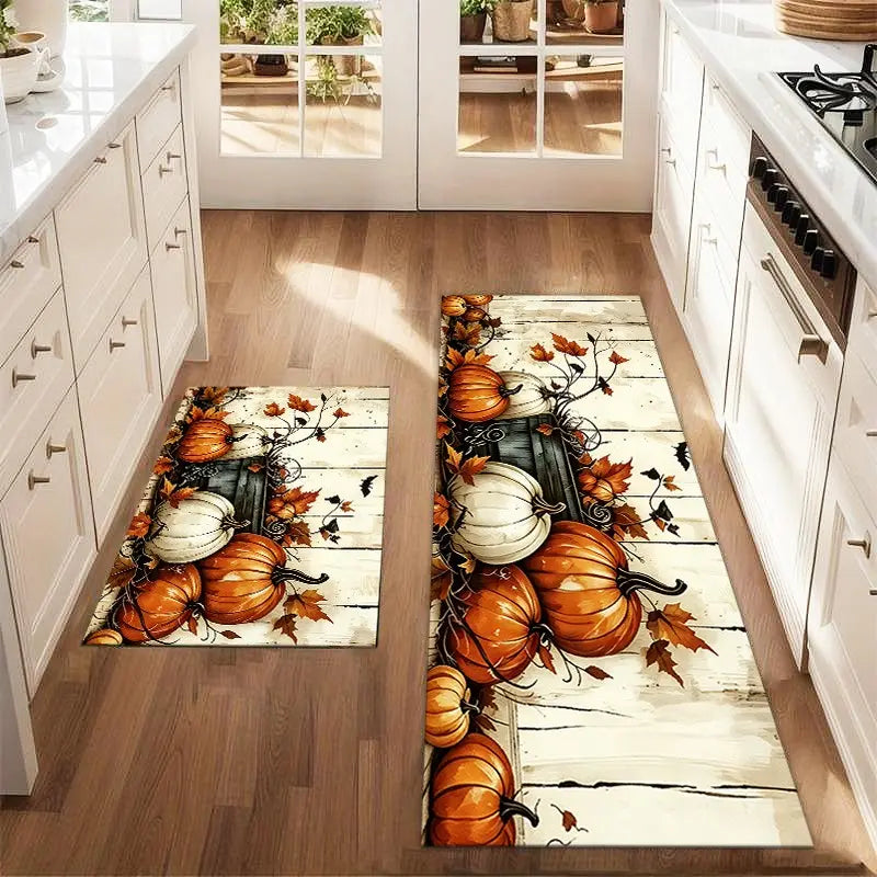 2Pcs Autumn Pumpkin Harvest Thanksgiving Mat Set, Farmhouse Kitchen Rug, Dining Room Floor Decor, Laundry Room Carpet Pad