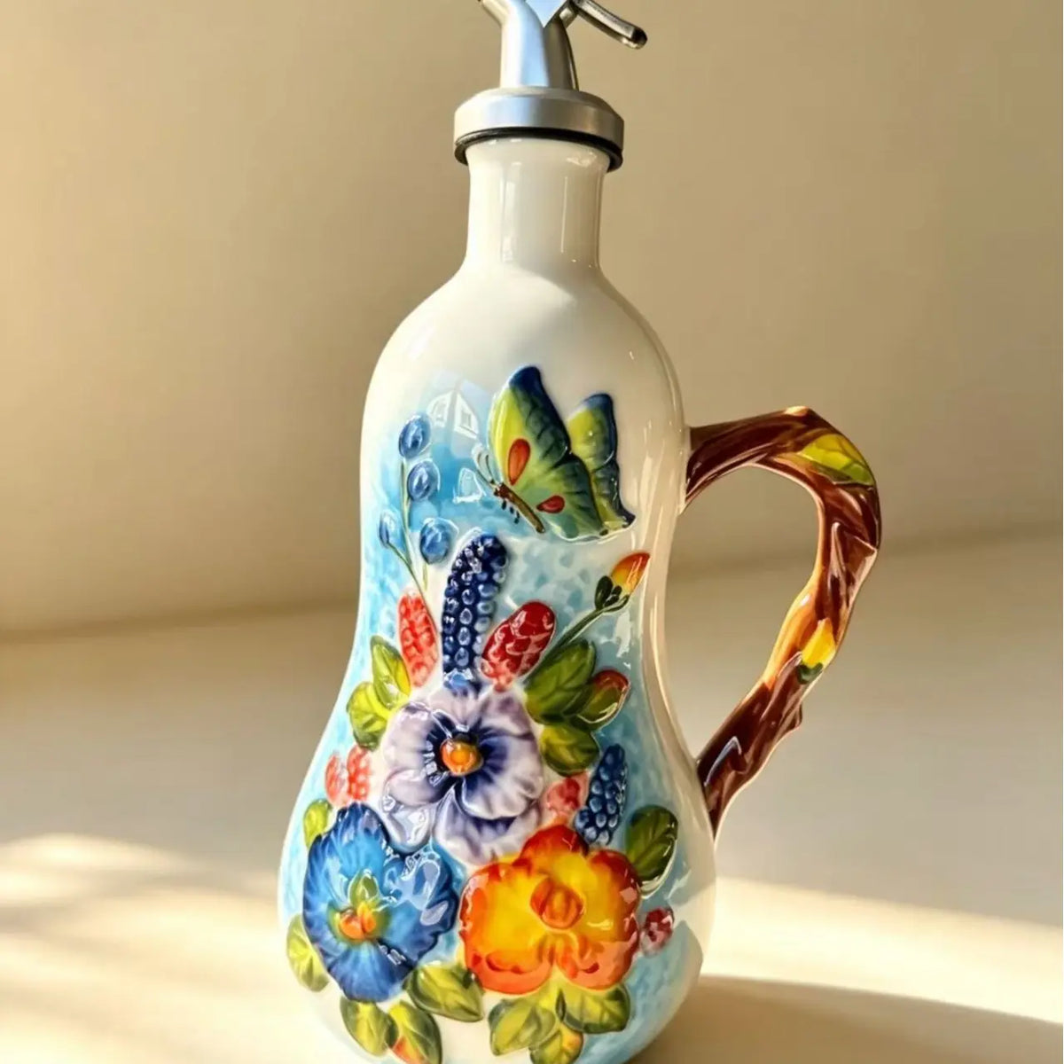 Hand-Painted Fruit Ceramic Oil Dispenser, under Glaze Olive Oil Bottle, Multi-Purpose Soy Sauce Drizzling Bottle for Cooking, Salad Dressing & Seasoning, Decorative Kitchen Ornament, Perfect Holiday Gift