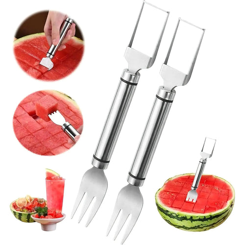 2-In-1 Watermelon Fork Slicer Cutter Stainless Steel Summer Watermelon Cutter for Kitchen Gadget Camping Home Party