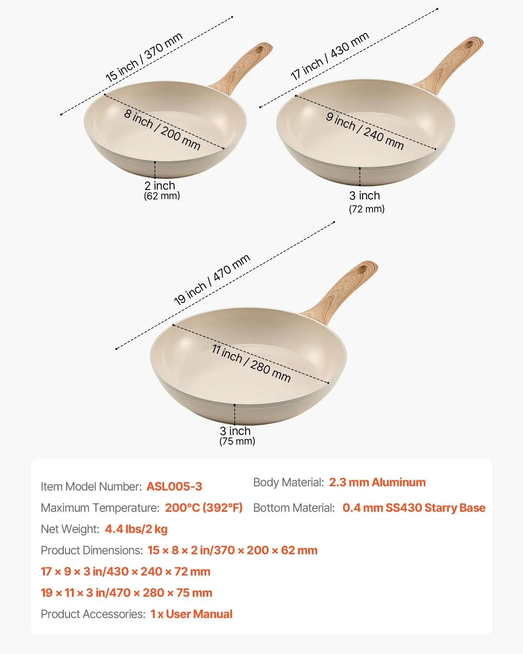 【Summerfinds】Vevor 3-Piece Nonstick Ceramic Enamel Frying Pan Skillet Set (8In,9.5In,11In) - Aluminum Cookware with Heat-Resistant Handle, Durable Anti-Adhesive Pans & Woks for Gas,Electric,Induction Stoves (Easy to Use)