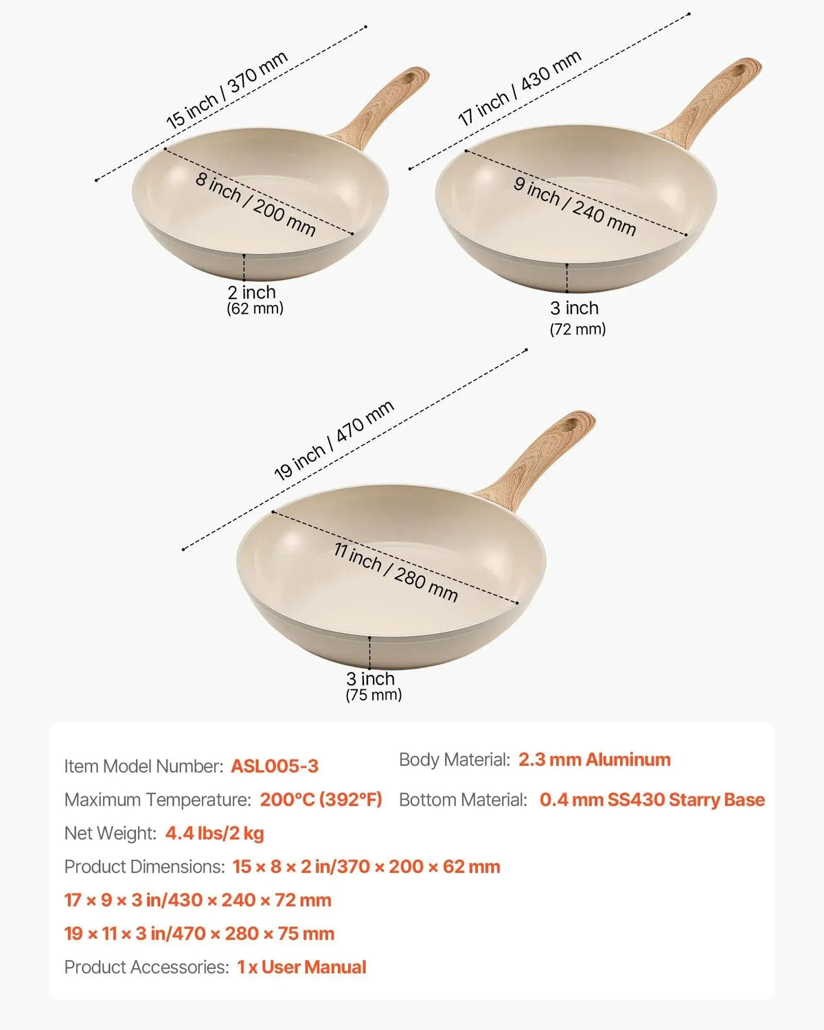 【Summerfinds】Vevor 3-Piece Nonstick Ceramic Enamel Frying Pan Skillet Set (8In,9.5In,11In) - Aluminum Cookware with Heat-Resistant Handle, Durable Anti-Adhesive Pans & Woks for Gas,Electric,Induction Stoves (Easy to Use)