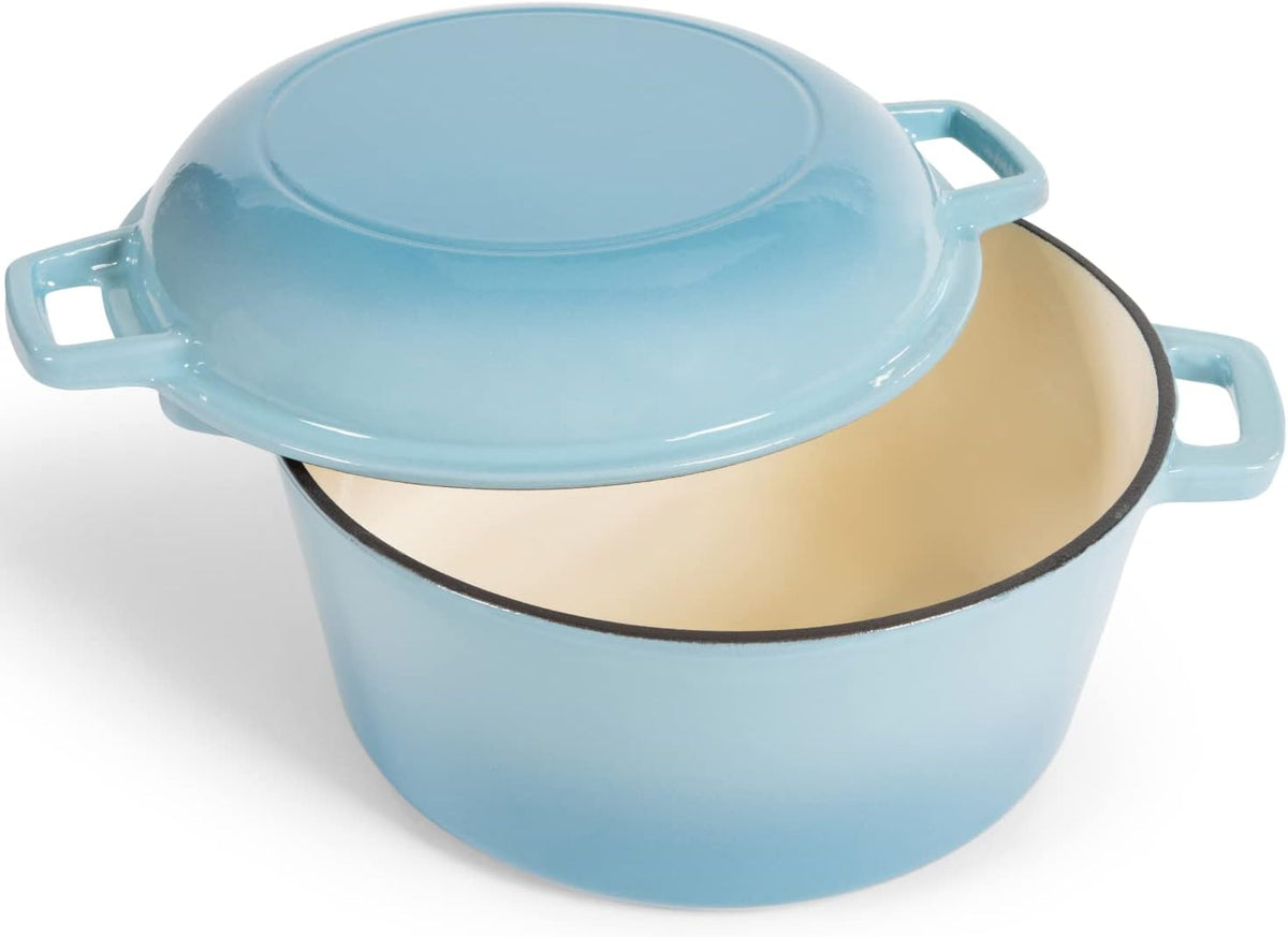 2-In-1 Enamel Cast Iron Dutch Oven with Handles - Crock Pot Sky Blue Cast Iron Pot with Skillet Lid - All-In-One Cookware Braising Pan for Casserole Dish - 5 Quart, Sky Blue