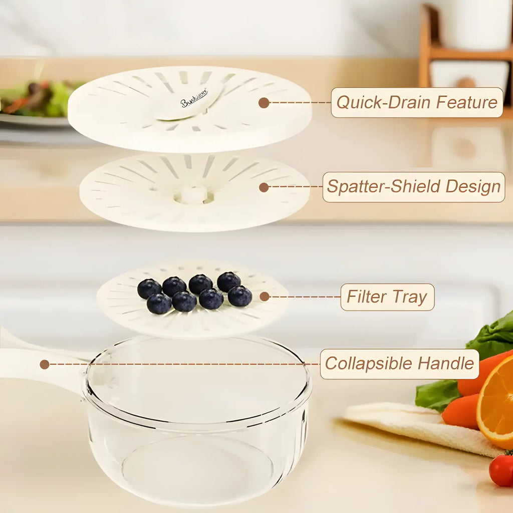 2-In-1 Multifunctional Fruit Strainer Container with Lid - Foldable Handle, Washing Berries Bowl, Fridge Storage, Dishwasher Safe Slicer, Durable Vegetable Slicer, Brown Kitchen Utensil (1Pcs)