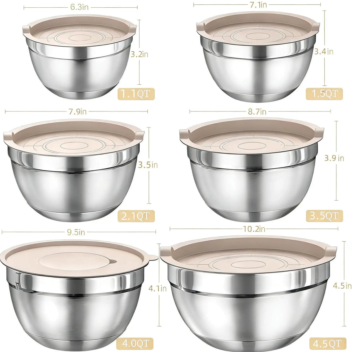 26PCS round Stainless Steel Stackable Mixing Bowls Set with Airtight Lids, Khaki Tableware, Grater Attachments, Utensils & Kitchen Supplies - Mirror Finish (1.5QT, 2.0QT, 2.5QT, 4QT, 7QT Sizes) for Grate & Mix Fast