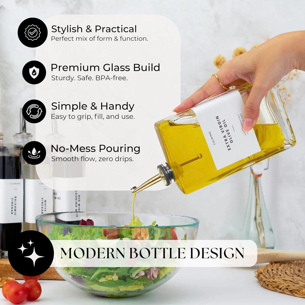 Culmino 2 Pcs Olive Oil Dispenser Bottle 350Ml | Premium Glass Cooking Oil & Vinegar Dispenser with 2 Gold Pourers Funnel Brush & 36 Labels