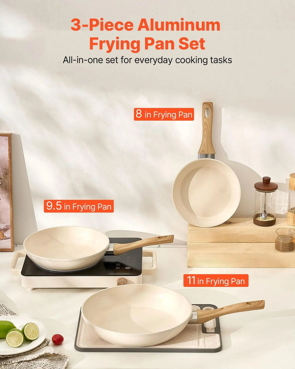 【Summerfinds】Vevor 3-Piece Nonstick Ceramic Enamel Frying Pan Skillet Set (8In,9.5In,11In) - Aluminum Cookware with Heat-Resistant Handle, Durable Anti-Adhesive Pans & Woks for Gas,Electric,Induction Stoves (Easy to Use)