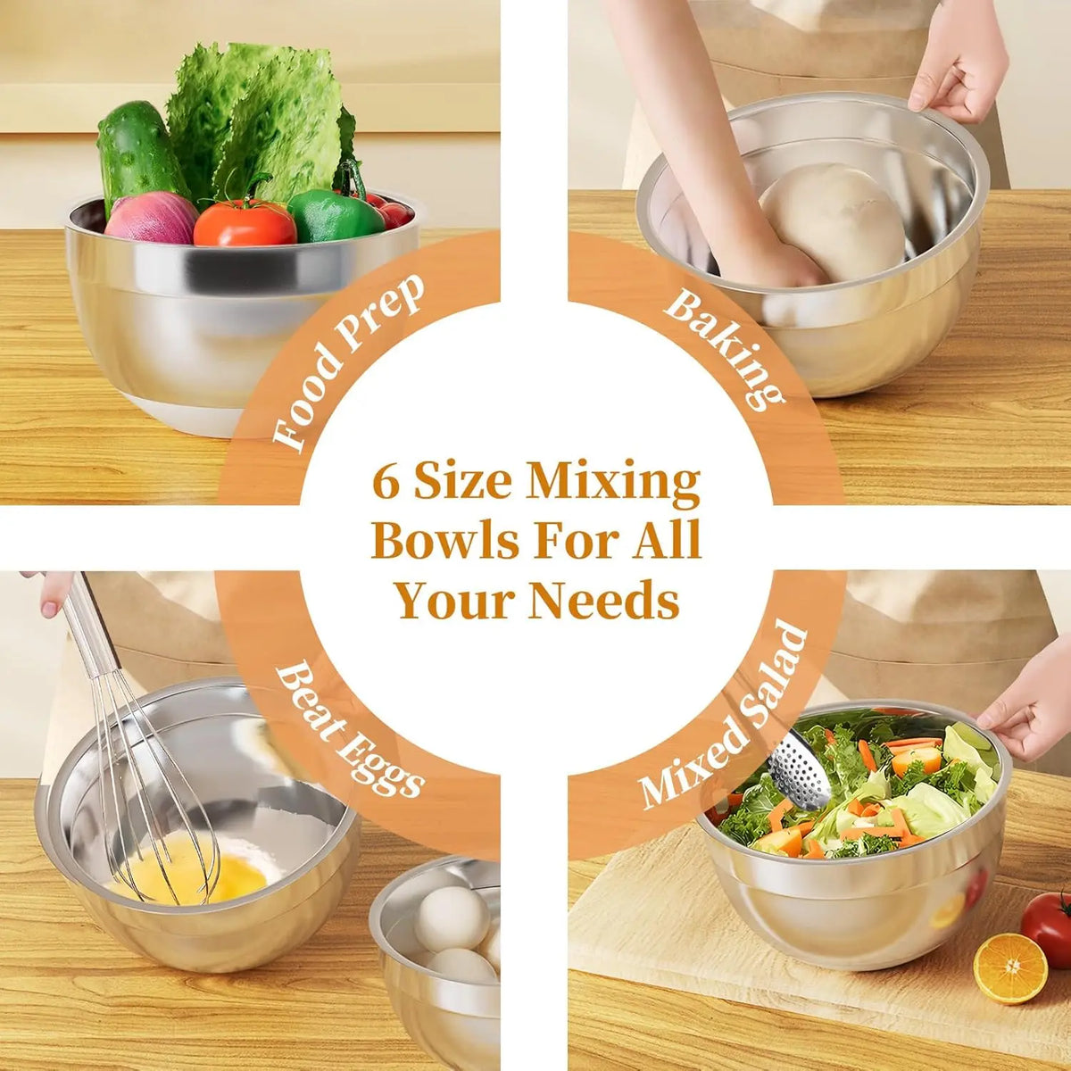 26PCS round Stainless Steel Stackable Mixing Bowls Set with Airtight Lids, Khaki Tableware, Grater Attachments, Utensils & Kitchen Supplies - Mirror Finish (1.5QT, 2.0QT, 2.5QT, 4QT, 7QT Sizes) for Grate & Mix Fast